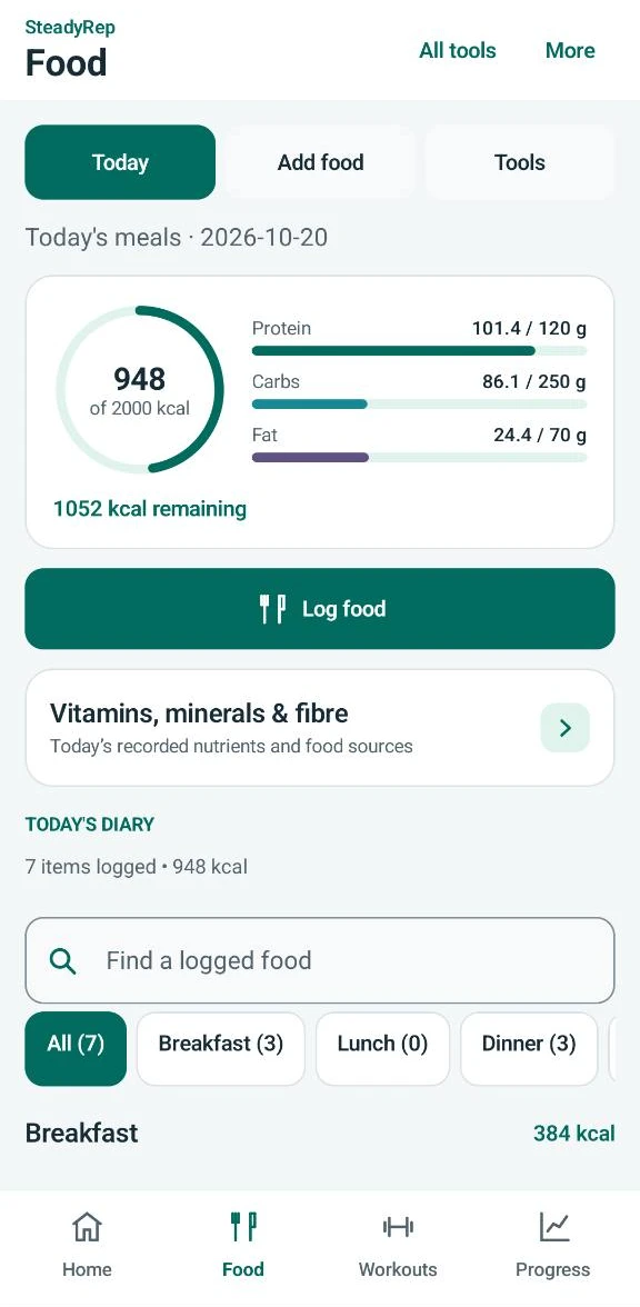 SteadyRep Android app: See daily calories and macros alongside your logged meals.