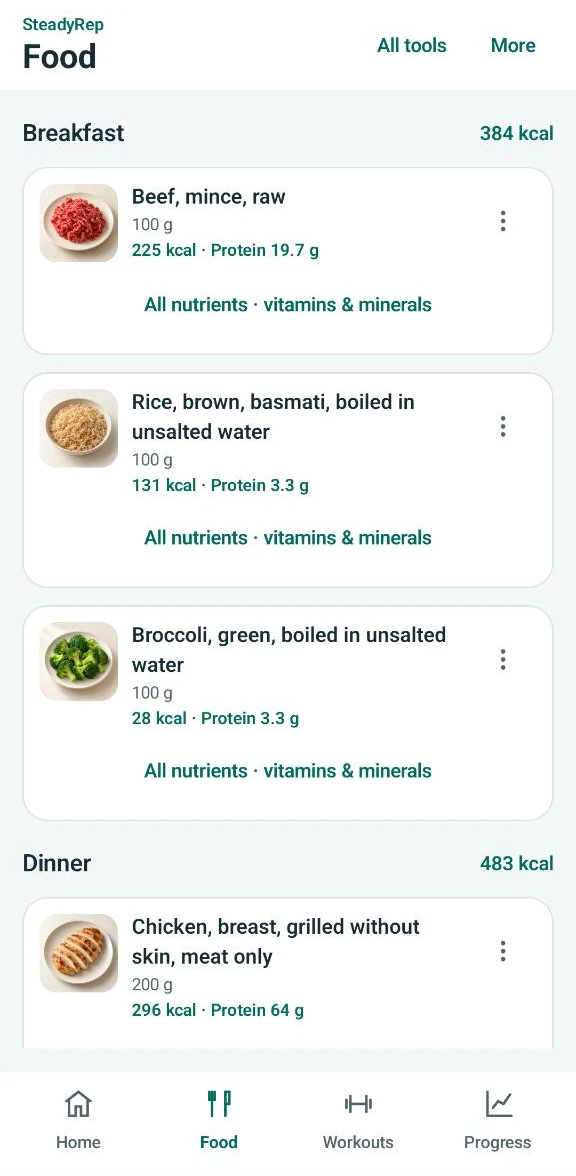 SteadyRep Android app: Review portions, calories and protein for each logged food.