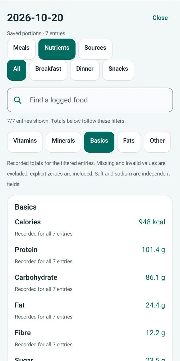 SteadyRep Android app: Explore the recorded nutrients in your saved food portions.