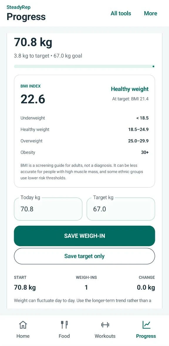 SteadyRep Android app: Record weigh-ins and keep your weight target in view.